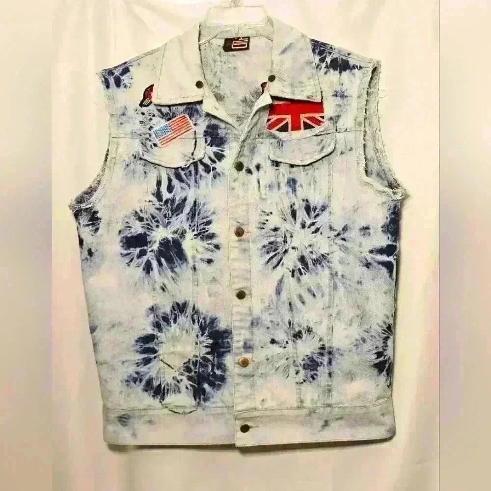 Hudson Mens Vintage Distressed Blue Denim Tie Dye Wash Biker Vest Large